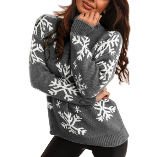 Damen-Weihnachtsstrickpullover mit Schneeflockenmuster, Grau 2