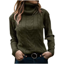 Women's Olive Green Cable Knit Turtleneck Sweater, Long