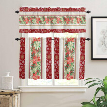 Poinsettia Kitchen Curtains Set Red Gold Snowflake 27.5x36
