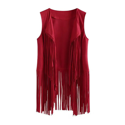 Women's tassel vest slim fit open front red 1