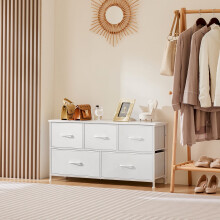 Fabric Dresser with Wooden Top and Metal Frame, 5 Drawers,
