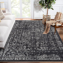 Vintage area rug black 4x6 ft stain resistant low pile