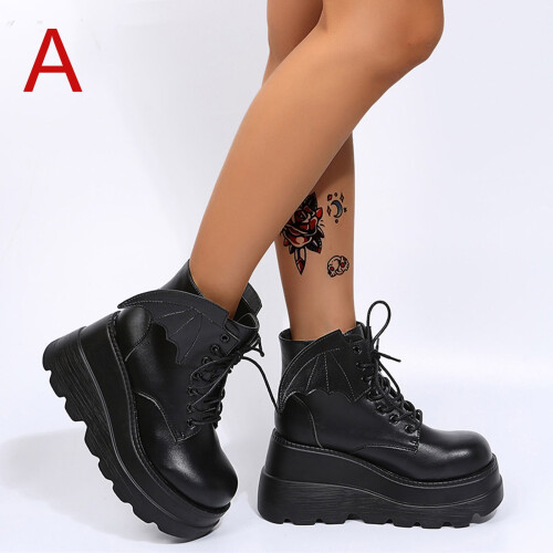 Women's Black Goth Ankle Boots with Bat Buckles and Chunky 1