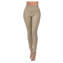 Calça feminina marrom de poliéster, pernas largas e cintura alta.