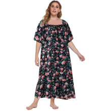 Camicia da notte lunga da donna con stampa floreale, maniche corte, scollo quadrato e fiocco.