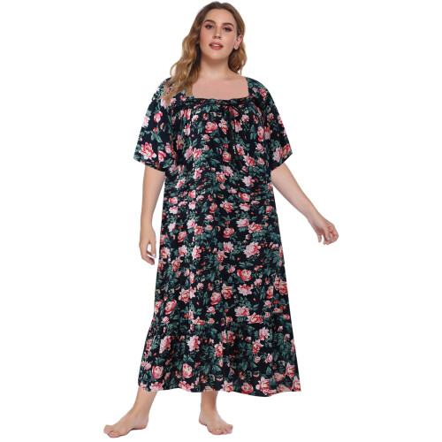 Camicia da notte lunga da donna con stampa floreale, maniche corte, scollo quadrato e fiocco.