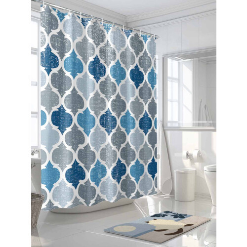 Cortina de chuveiro geométrica em tons de azul e cinza com aparência de linho, 152 x 183 cm (60 x 72 polegadas). 2