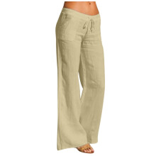 Lässige Damen-Hose aus Baumwoll-Leinen-Mischgewebe mit weitem Bein und elastischem Bund