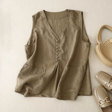 Damen-Weste aus Baumwollleinen, ärmellos, V-Ausschnitt, Khaki, XL
