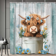 Sprchový závěs Highland Cow s tyrkysovou květinovou příchutí Farmhouse 70x75 palců