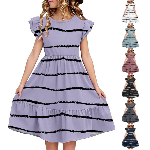 Robe d'été décontractée à manches à volants pour filles (5-14 ans)