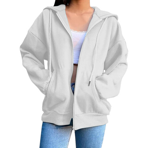Giacca da donna leggera con cappuccio e zip intera, bianca, taglia L