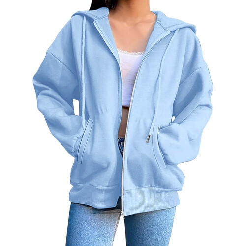 Giacca da donna leggera con cappuccio e zip intera, azzurra, taglia S