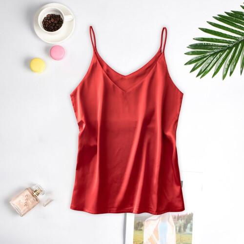 Camisola feminina de cetim sem mangas com decote em V