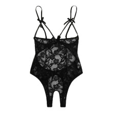 Damesbodysuit van kant met strik en open kruis.