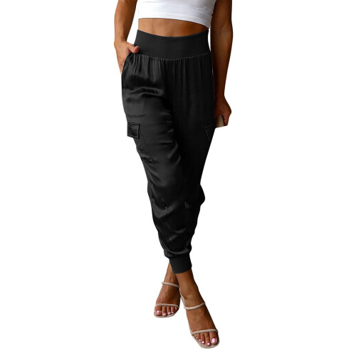 Schwarze Satin-Cargohose für Damen mit elastischem Bund, lässig