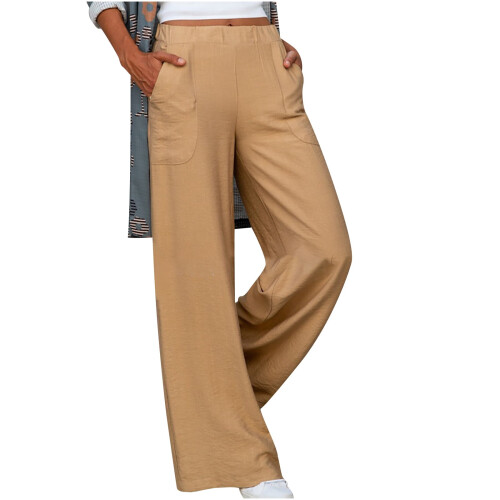 Pantaloni da donna a vita media, dritti, in cotone e lino 1