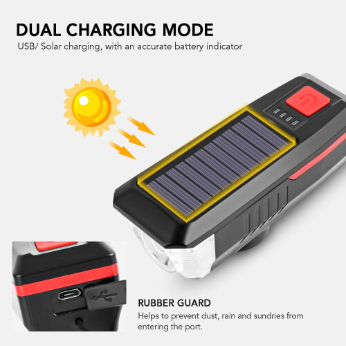 Bike Headlight Solar USB Rechargeable Waterproof 1 Pack 2