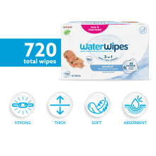WaterWipes Sensitive Newborn Baby Wipes 720 Count 12 Packs 3In1 Clean