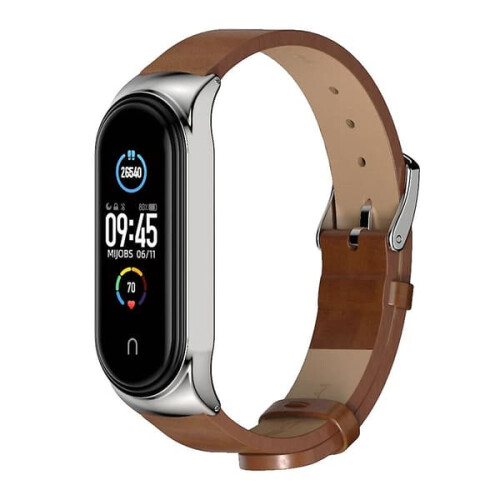 Leather Strap for Xiaomi Mi Band 3-6 Brown Silver 1