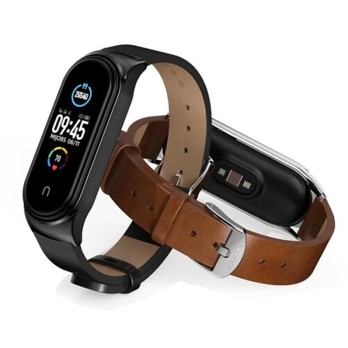 Leather Strap for Xiaomi Mi Band 3-6 Brown Silver 2