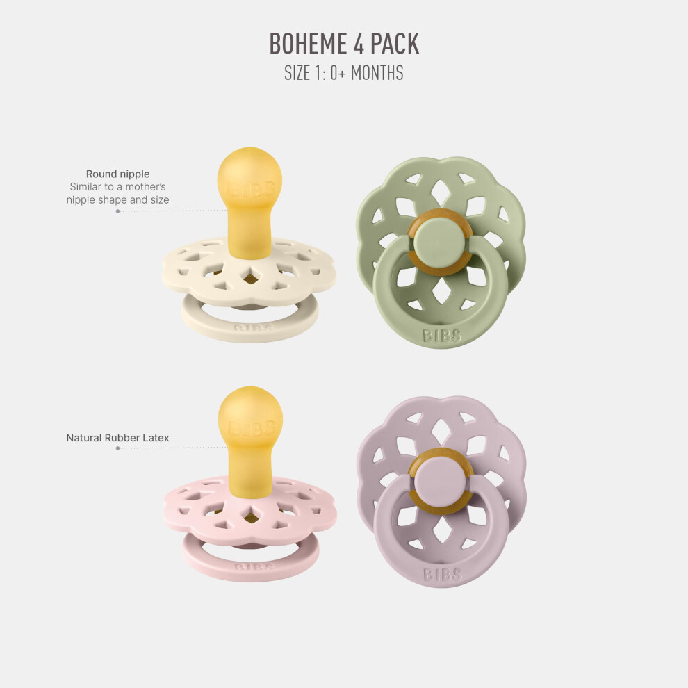 Bibs Boheme Soother 4Pack Bpa Free Dummy Pacifier Round Nipple Natural