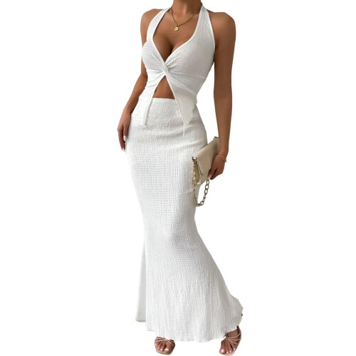 Women's white twist-front halter top and skirt set