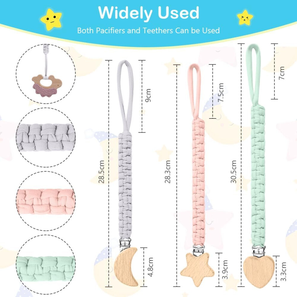 Vicloon Dummy Clips 3 Pack Wooden Dummy Clips Soother Pacifier Chain B