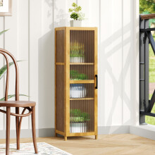 3-Tier Narrow Bamboo Storage Cabinet Adjustable Shelves Fluted Acrylic Single Door Tall Slim Bookcase 30x31x100cm for Living Room Bathroom