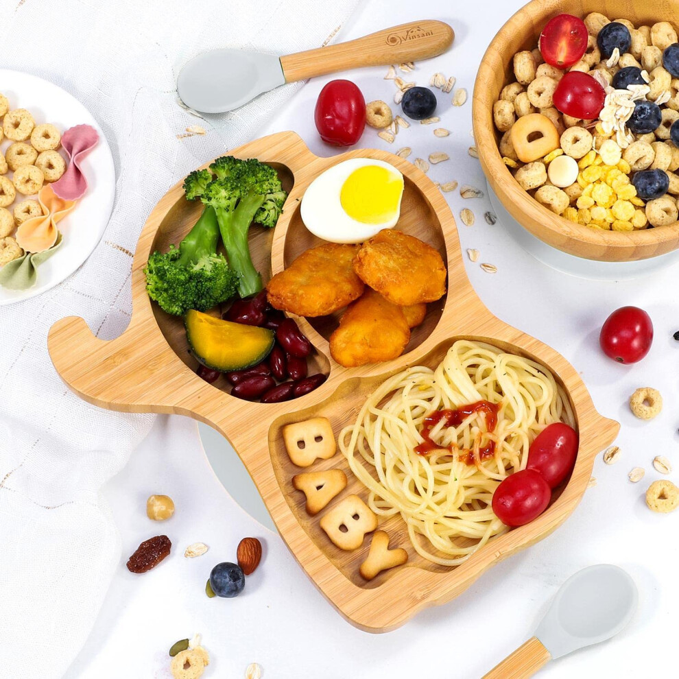 Vinsani Bamboo Elephant Plate Bowl And Spoon Set For Baby Toddler Kids