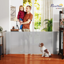 PawHut Retractable Stair Gate Dog Gate Extends Up to 180 cm Wide Grey