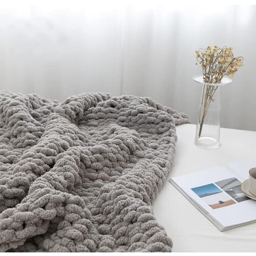 Chenille yarn thick knitted supersoft grey jumbo blanket 1