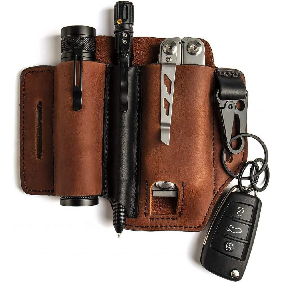 Leather Edc Multitool Sheath With Pen Holder And Key Fob 9152228935860