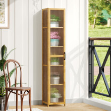 5-Tier Tall Narrow Bamboo Bookcase Adjustable Shelves Fluted Acrylic Single Door Storage Cabinet 30x31x160cm Slim Display Cupboard