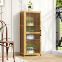 3-Tier Narrow Bamboo Storage Cabinet Adjustable Shelves Fluted Acrylic Single Door Tall Slim Bookcase 40x31x100cm