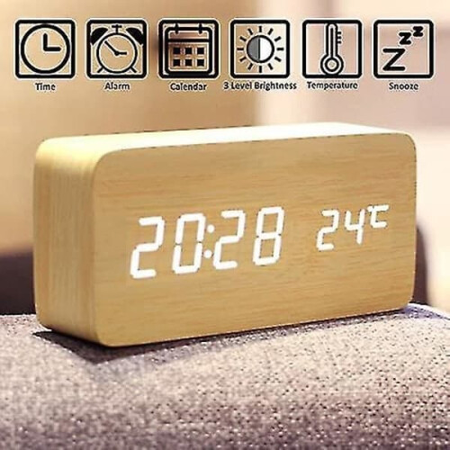 Wooden LED Alarm Clock with Time Temperature Date Display 1