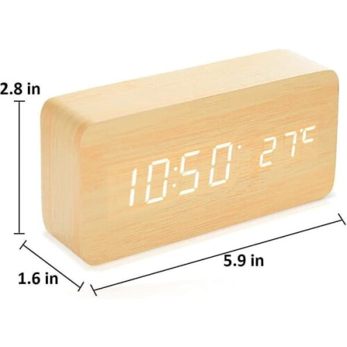 Wooden LED Alarm Clock with Time Temperature Date Display 2