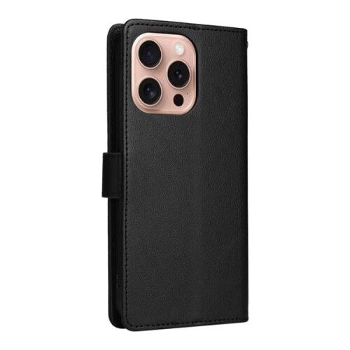 Capa multifuncional compatível com iPhone 16 Pro com 3 compartimentos para cartões - Capa de couro preta 2