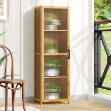4-Tier Narrow Bamboo Bookcase Adjustable Shelves Fluted Acrylic Single Door Storage Cabinet 40x31x130cm Slim Display Cupboard