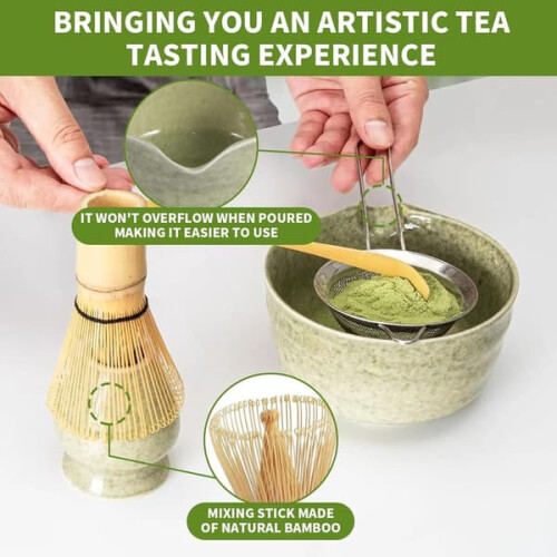 Σετ τσαγιού Matcha από κεραμικό πράσινο με μπολ, βάση για χτυπητήρι και χτυπητήρι, 1