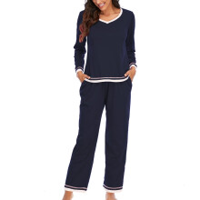 Damen-Pyjama-Set, marineblau, Langarmshirt und Hose, Größe L