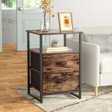 Rustic Brown MDF Nightstand with 2 Fabric Drawers and Open Storage Shelf Metal Frame Side End Table 45x40x70cm