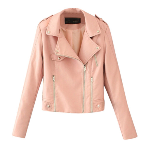 Damen-Lederjacke, lässig, einfarbig, pink, kurz, lang