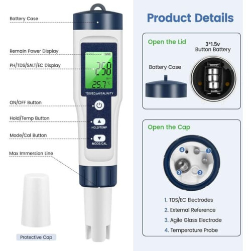 pH TDS meter water quality tester 5-in-1 with LCD green 1