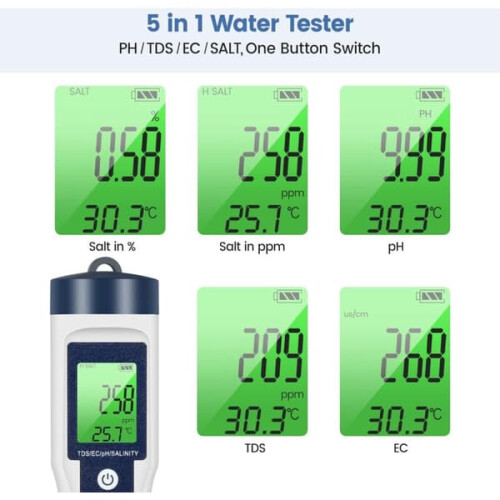 pH TDS meter water quality tester 5-in-1 with LCD green 2