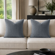 (2X, Grey) Luxury Ribbed Velvet Cushion Covers with Cushion Pads | Stripe Pattern Cushions