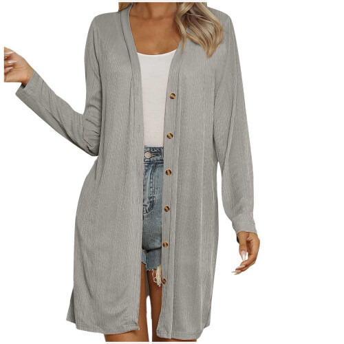 Grå strikket cardigan med knapper foran til dame 1