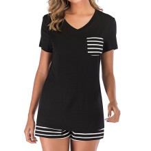 Damen-Sommerpyjama-Set mit kurzen Ärmeln, Schwarz, XXL