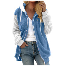 Damen-Wintermantel aus flauschigem Fleece mit Kapuze und Reißverschluss, himmelblau, Größe XL