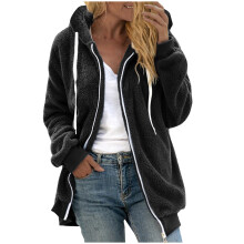 Schwarzer Damen-Wintermantel aus flauschigem Fleece mit Kapuze